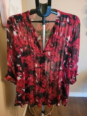 Vibrant Red and Black Sheer Blouse